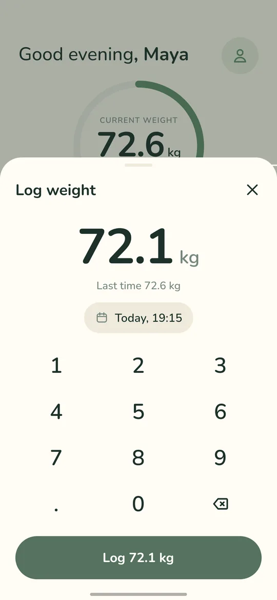 Fluffy's log sheet: a large 72.1 kg readout, Last time 72.6 kg, a keypad and a Log 72.1 kg button